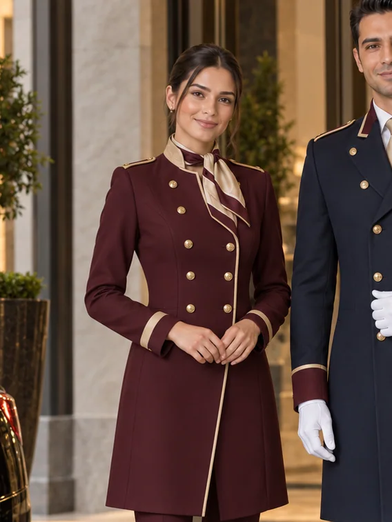 Kadın Kapı Görevlisi Paltosu — Bordo / Altın