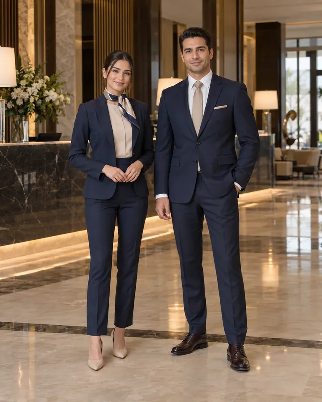 Lacivert tailored front office takımları giymiş kadın ve erkek resepsiyon ekibi, otel lobisinde