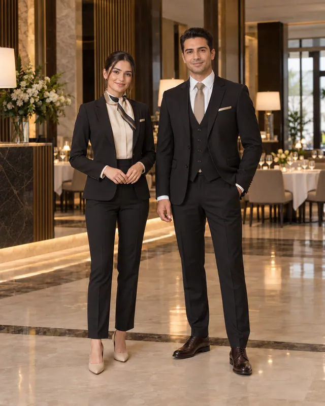 Siyah üç parça takım ve siyah blazer giymiş yönetim ekibi, otel lobisinde