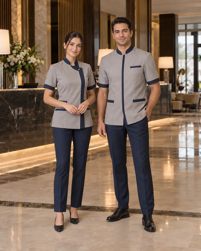 Gri, lacivert biyeli housekeeping tunikleri ve lacivert pantolonlar