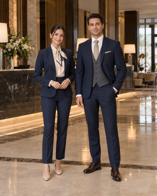 Lacivert takım, fiyonk yakalı bluz ve gri yelek ile front office ekibi