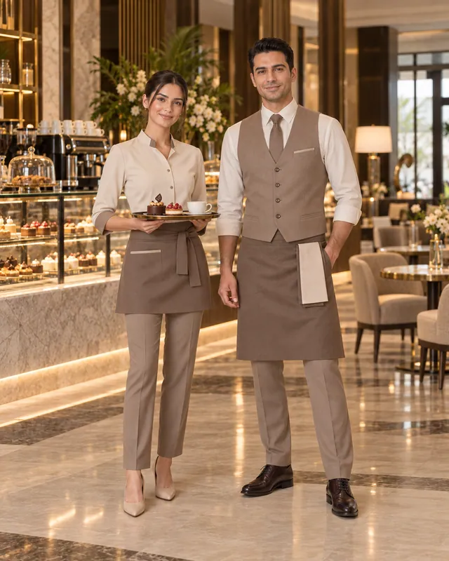 Pastane ve kafe alanında taupe önlüklü servis ekibi